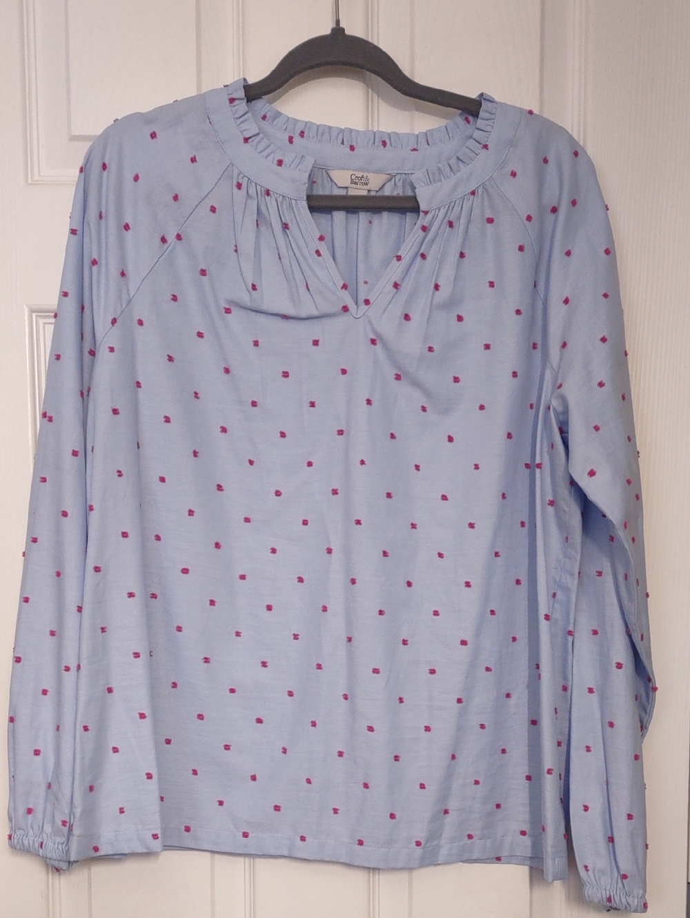 Croft & Barrow Pale Blue Long Sleeve Blouse with Pink Dot Print